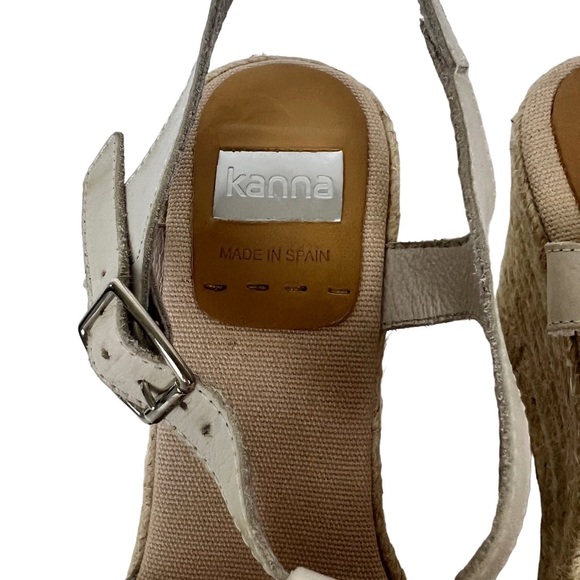 Kanna Genuine Leather Beige Tan T-Strap, Ankle Strap Espadrille Wedge Sandals - Picture 3 of 6